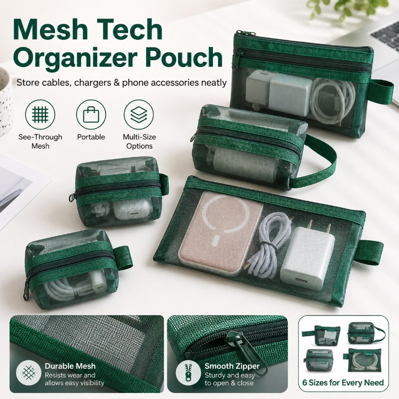Office Tech Backpack - 6-teiliges Mesh-Tech-Organizer-Set, Tragbare Kabelaufbewahrungstasche für Ladegeräte,