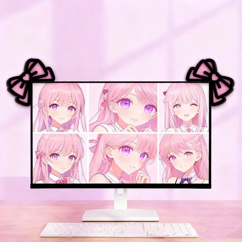Office Technology - Neue 1/2-teilige Holz-Schleifen-PC-Accessoires, Kawaii 2D-Schleifen-Monitor-Deko, niedliche