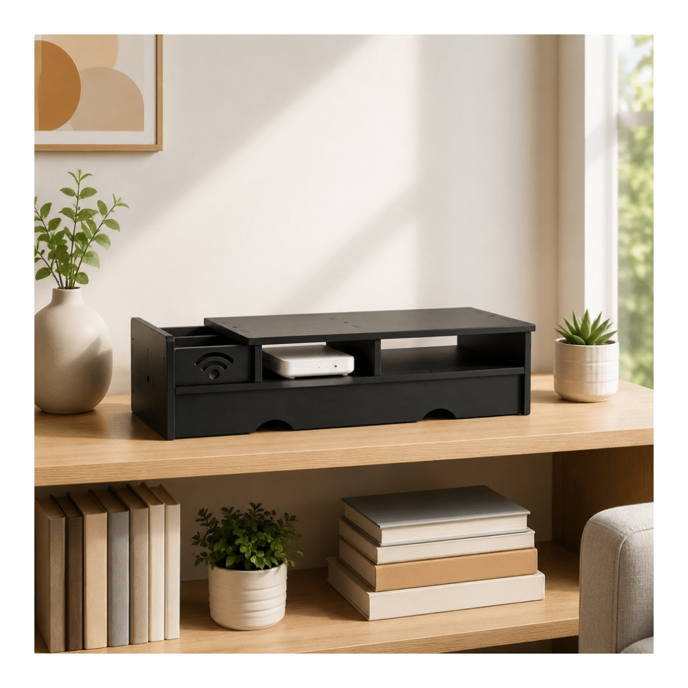 Office Tech For Home - Schwarze Matte WLAN-Router-Aufbewahrungsbox Kompakter Schreibtisch-Organizer für